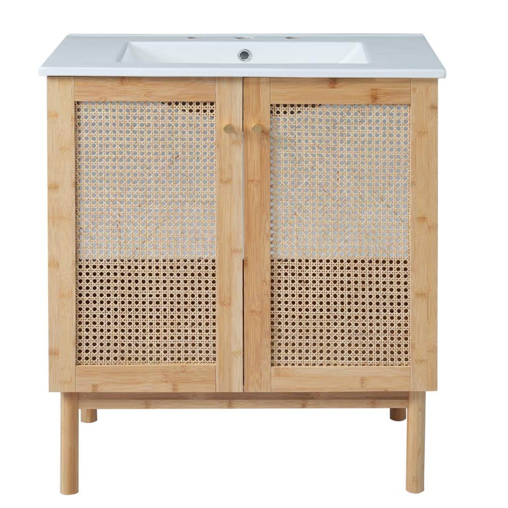 30 in. W x 18 in. D x 34 in. H Single Sink Freestanding Bath Vanity in Natural Wood with White Ceramic Top price history on PriceWatchPro