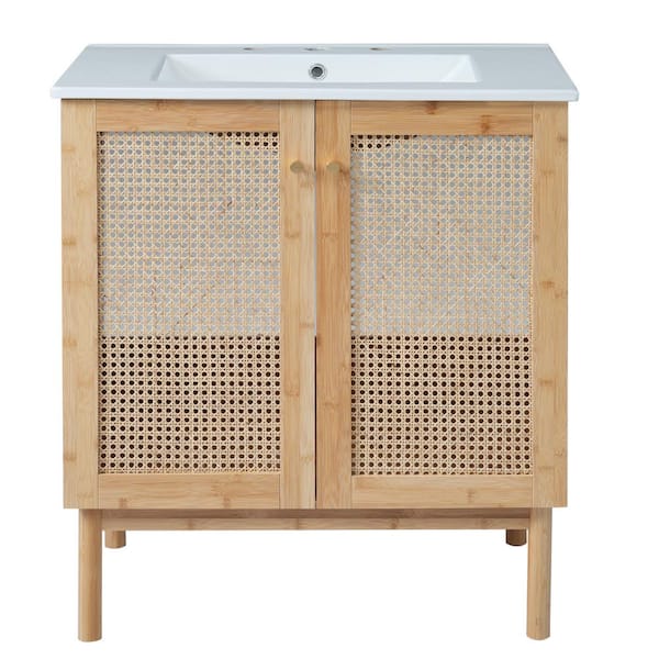 30 in. W x 18 in. D x 34 in. H Single Sink Freestanding Bath Vanity in Natural Wood with White Ceramic Top