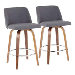 Toriano 26 in. Walnut and Blue Fabric Counter Stool with Chrome Footrest (Set of 2)