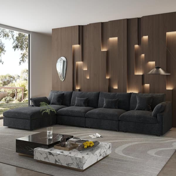155.9 in. Black Slope Arm Linen 6-Seater L-Shaped Sofa with Removable Sofa Covers