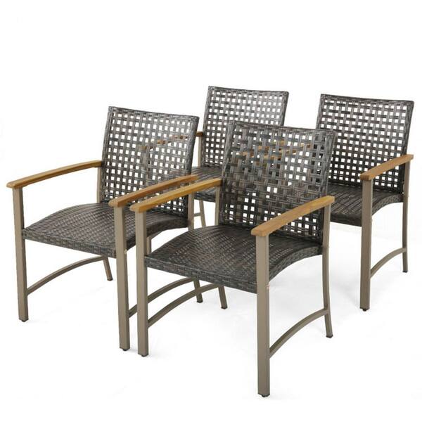 Set of 4 Metal Frame Brown Wicker Rattan Outdoor Dining Chair with Acacia Wood Armrests