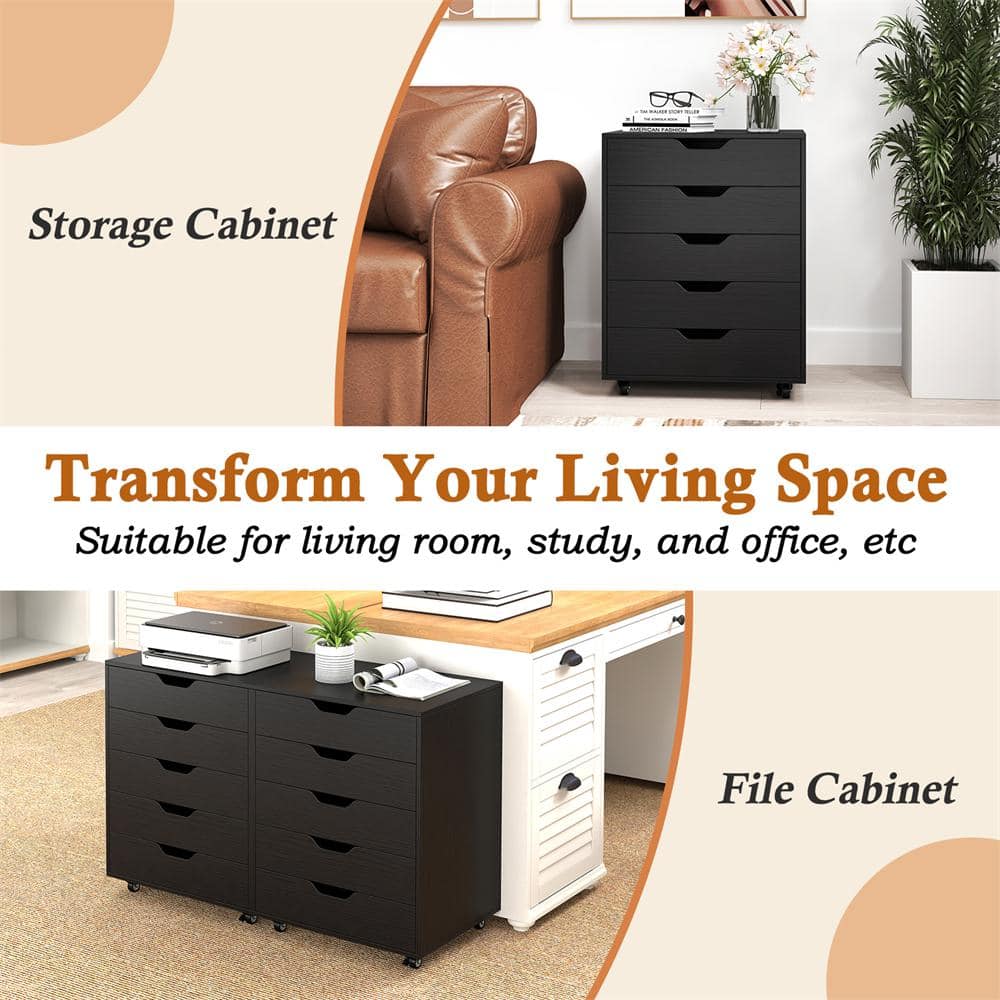 Black MDF 5-Drawer Mobile Storage Cabinet with Wheels