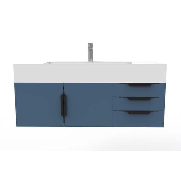 castellousa Nile 48 in. W x 19 in. D x 20 in. H Single Bath Vanity in Matte Blue in Black Trim and White Solid Surface Top