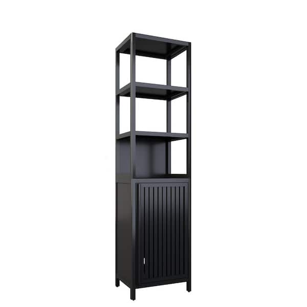 16.3 in. W x 12.9 in. D x 64.7 in. H Slim Black Bamboo Linen Cabinet Bath with 1 Door and 3 Open Shelves