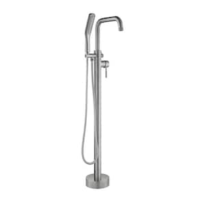 Single-Handle Freestanding Floor Mount Tub Faucet Bathtub Filler with Hand Shower in Brushed Nickel