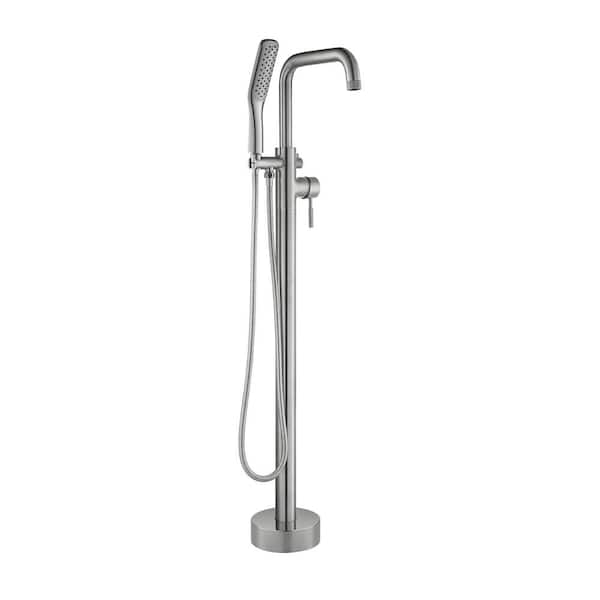 Single-Handle Freestanding Floor Mount Tub Faucet Bathtub Filler with Hand Shower in Brushed Nickel
