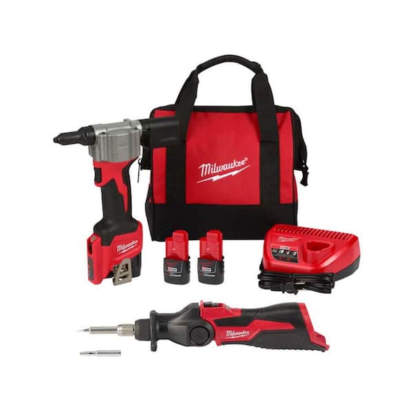 M12 12-Volt Lithium-Ion Cordless Rivet Tool Kit with (2) 1. 5Ah Batteries, Charger & M12 Soldering Iron
