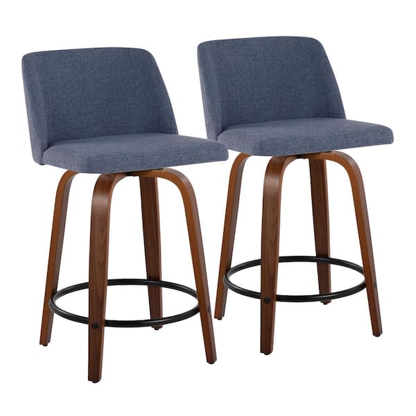 Lumisource Toriano 24.25 in. Blue Fabric, Walnut Wood, Black Metal Fixed-Height Counter Stool (Set of 2)