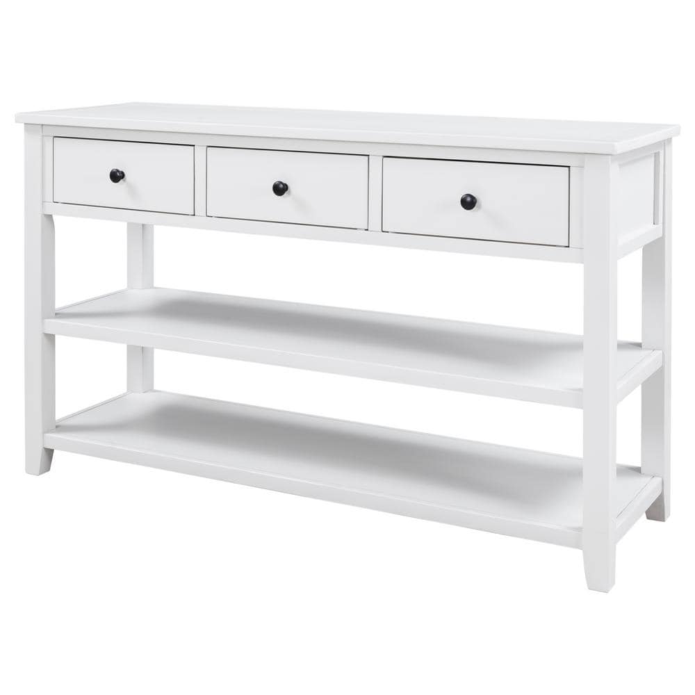 White Pine Wood Console Table with Storage Shelves and Drawers