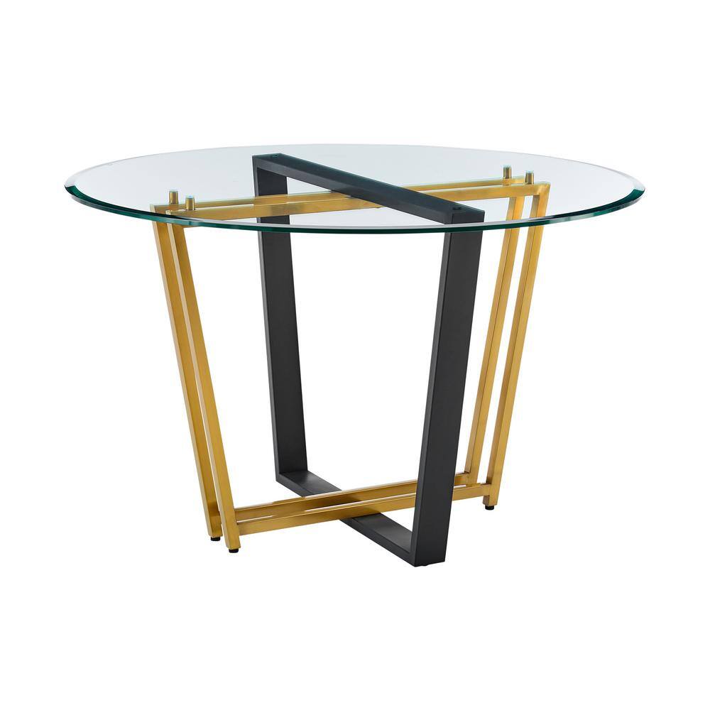 48" Round Glass Top Dining Table with Gold and Black Metal Base