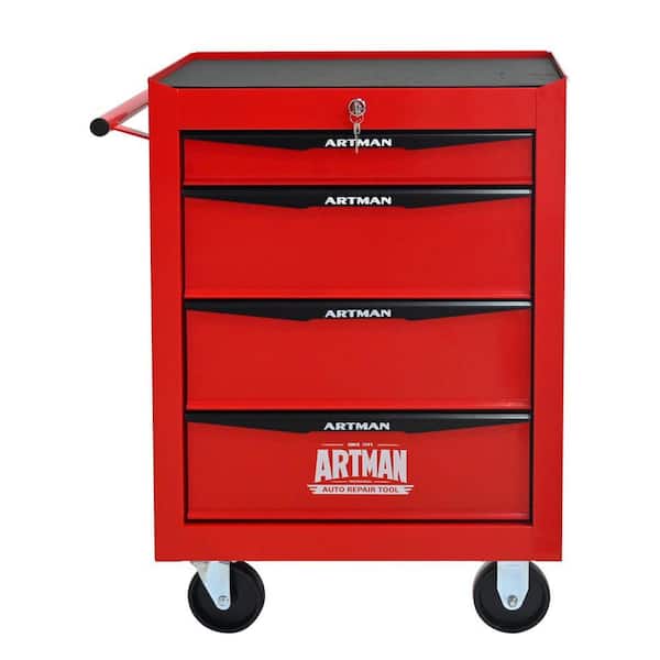 13 in. W 4-Drawer Rolling Metal Black and Red Tool Carts with Ball Bearing Drawer Slides and Steel Tool Storage Box