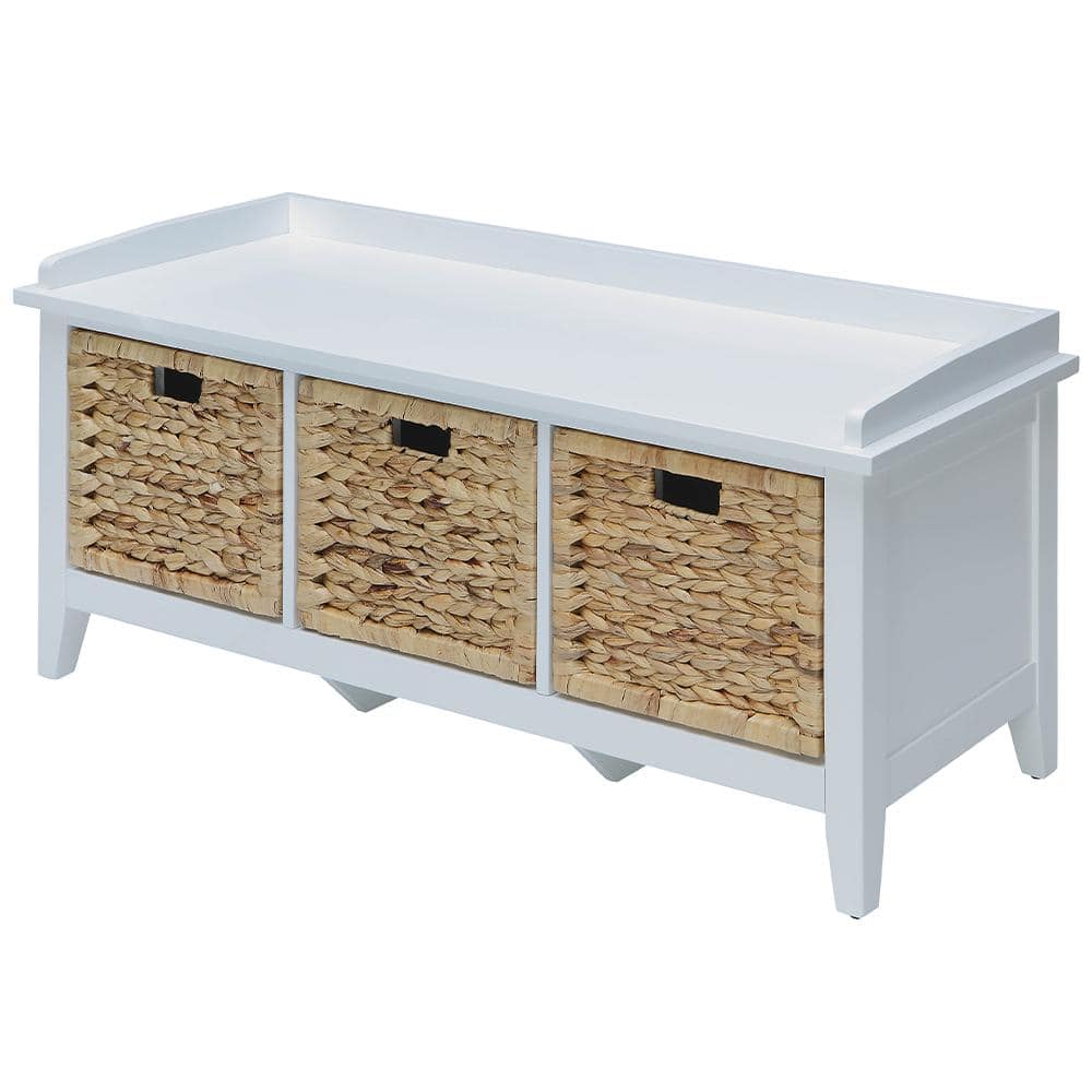 White Wood and Rattan Storage Bench with Drawers