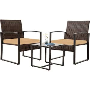 Patio 3PCs Wicker Bistro Set, Outdoor Glass Top Side Table & PE Wicker Chairs w/Tan Cushion Rattan Conversation Set