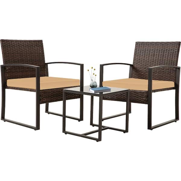 MEOOEM Patio 3PCs Wicker Bistro Set, Outdoor Glass Top Side Table & PE Wicker Chairs w/Tan Cushion Rattan Conversation Set