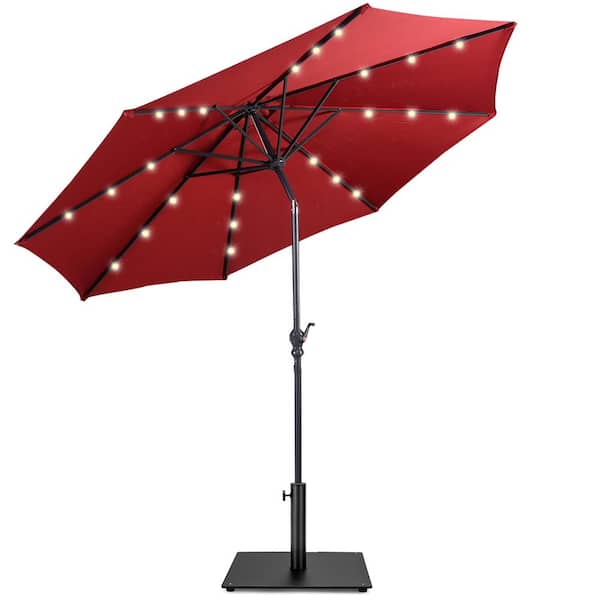 Costway 10 ft. Solar Lights Patio Umbrella Outdoor in Wine with 36 lbs. Steel Umbrella Stand