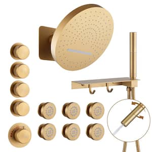 Dual Showers 4-Spray Patterns 12.6 in. Round Wall Mounted Fixed and Handheld Shower Head 1.8 GPM in Brushed Gold