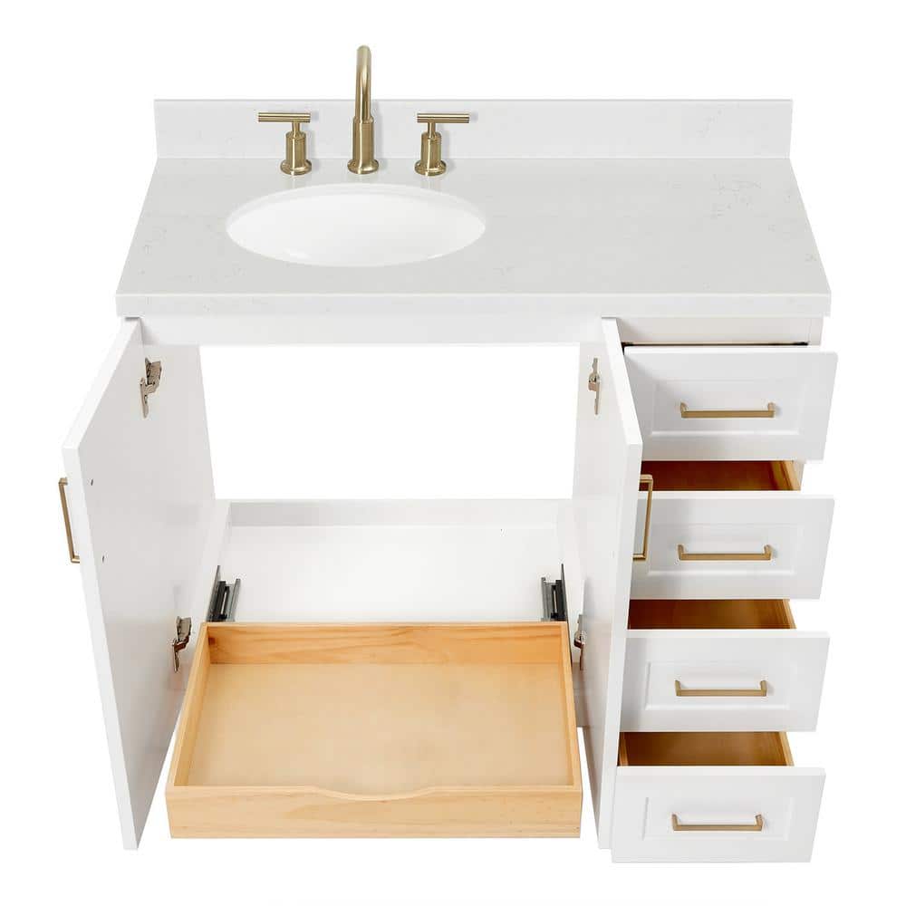 Taylor White Quartz Single Basin Freestanding Vanity with Gold Hardware