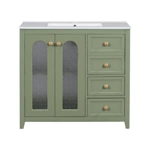 36.02 in. W x 18.23 in. D x 33.86 in. H Single Sink Freestanding Bath Vanity in Green with White Ceramic Top and Storage