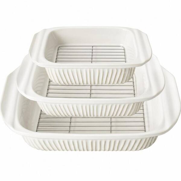 3-Piece White Casserole Set with Racks, Ceramic Baking Dish, Large Lasagna Pan With Handles (5.1 qt./2.3 qt./1.1 qt.)