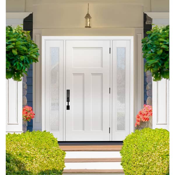 Legacy 68 in. x 80 in. 3 Panel Craftsman LHIS Unfinished White Fiberglass Prehung Front Door w/Rain 14 in.SLs 6-9/16Jamb
