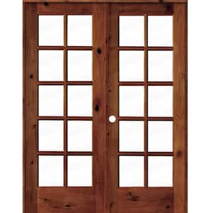 64 in. x 80 in. Knotty Alder Left-Handed 10-Lite Clear Glass Red Chestnut Stain Wood Double Prehung French Door
