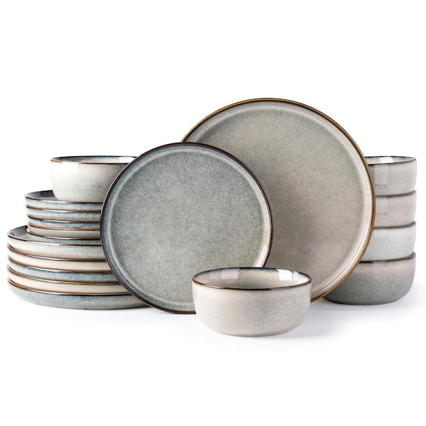 18-Piece Reactive Glaze Stoneware Dinnerware Set in Green Wheat for 6 with Dinner Plates Dessert Plates and Bowls