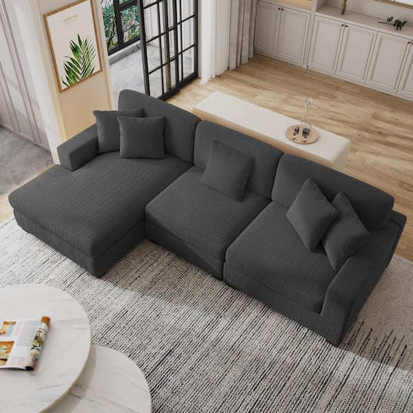 118 in. Square Arm 3-Piece Corduroy Upholstered L-Shaped Sectional Sofa in. Gray with Pillows