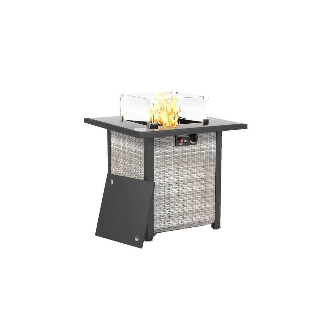 28 in. Grey Wicker 50000 BTU Square Propane Fire Pit Table with Tempered Gl