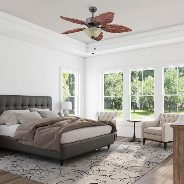 52 in. Sabal Palm Bronze Ceiling Fan with Bowl Light and Dark Cherry Hand Carved Wood Blades