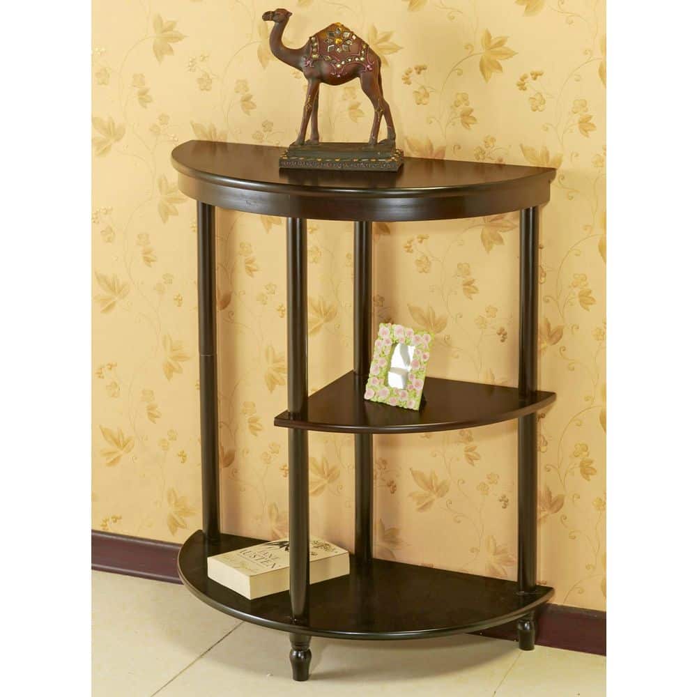 Espresso Half Moon Wooden End Table with Three Shelves