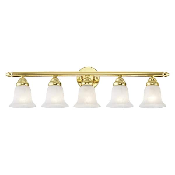 Livex Lighting Hillstone 32 in. 5-Light Polished Brass Vanity Light with White Alabaster Glass