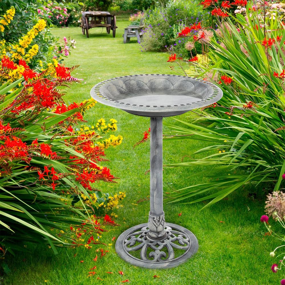 Gray Antique-Style Weather-Resistant Plastic Bird Bath with Stand