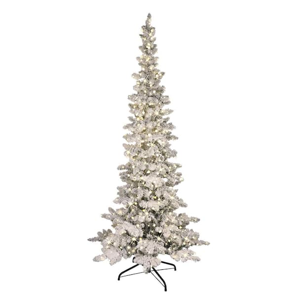 Puleo International 7.5 ft. Pre-Lit Flocked Slim Whistler Pine Artificial Christmas Tree