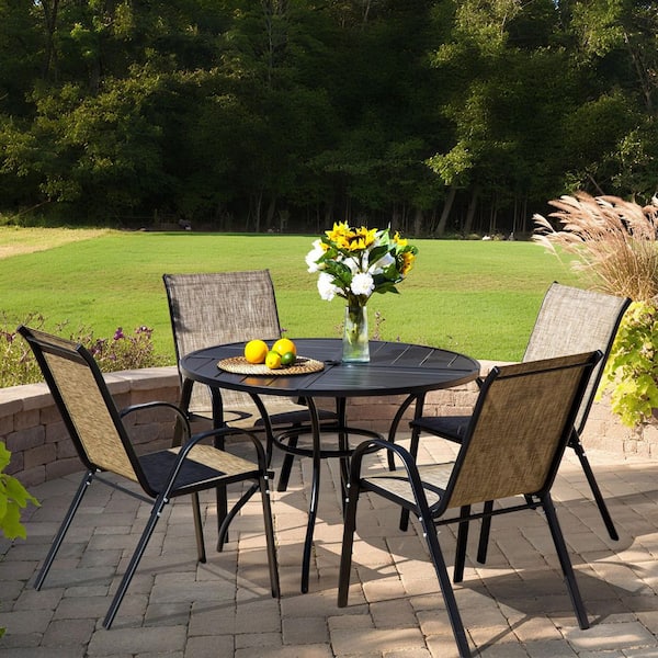 Sour Citrus 5-Piece Patio Set Round Dining Table, 4 Stackable Textilene Patio Chairs for Garden Poolside Backyard Patio