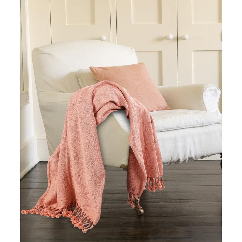 LR Home Woven 50 in. x 60 in. Coral Pink Solid Checkered Cotton