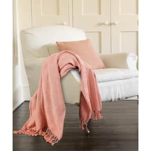 Woven 50 in. x 60 in. Coral Pink Solid Checkered Cotton Fringe Throw Blanket