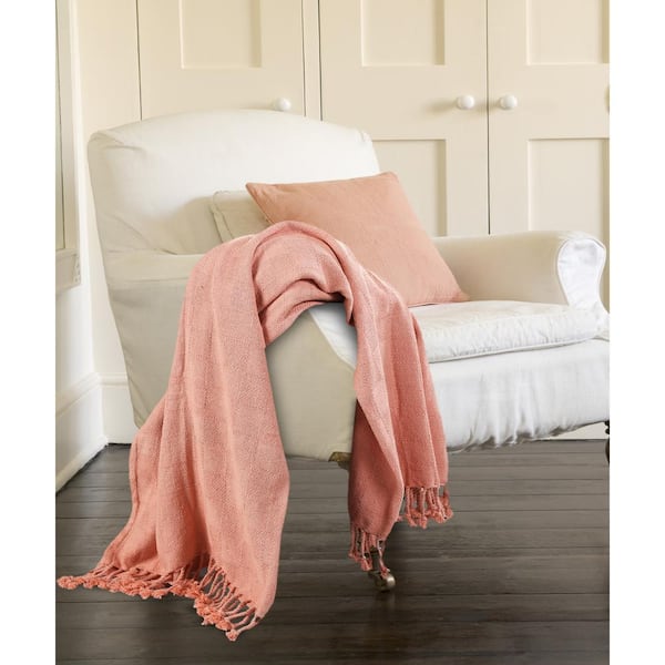 LR Home Woven 50 in. x 60 in. Coral Pink Solid Checkered Cotton Fringe Throw Blanket