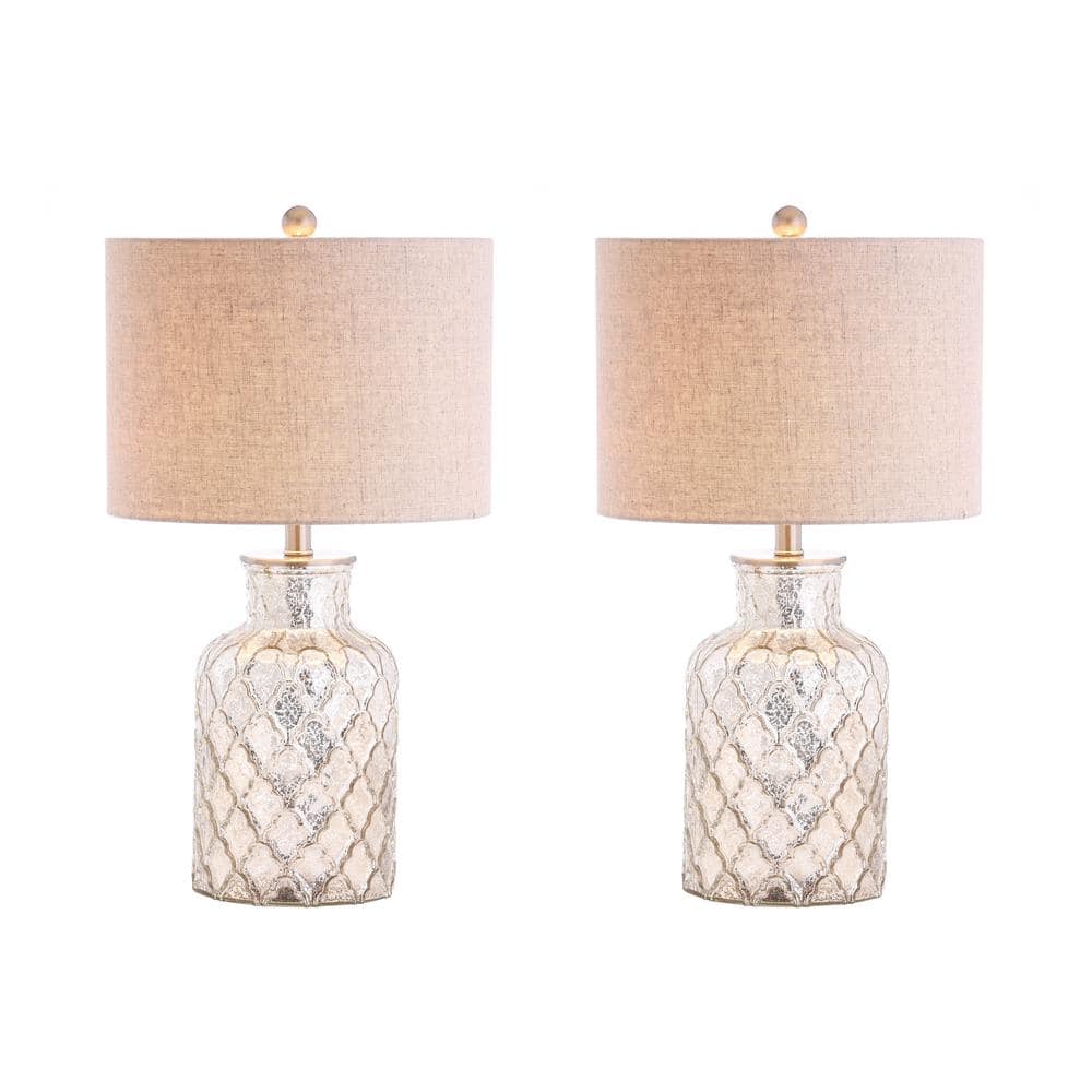 Antiqued Mercury Silver Quatrefoil Glass Table Lamp Set