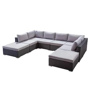 Santa Rosa Grey 8-Piece Wicker and Aluminum Outdoor Sectional Set with Silver Cushions