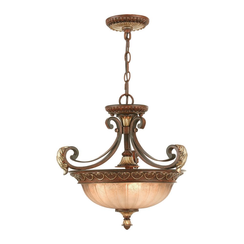 Villa Verona Rustic Art Glass 3-Light Pendant in Bronze and Gold