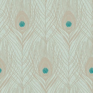Absolutely Chic Light Blue/Green Vinyl Non-Woven Non-Pasted Peacock Feather Motif Metallic Wallpaper(Covers 57.75sq.ft.)