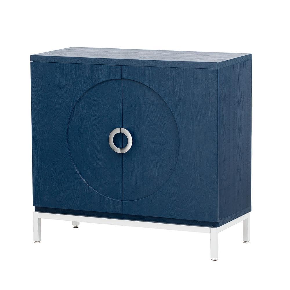 34.00 in. W x 15.50 in. D x 31.90 in. H Navy Blue Linen Cabinet with Solid Wood Veneer and Metal Leg Frame