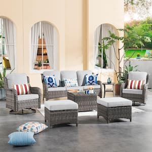 Maroon Lake Gray 7-Piece Wicker Patio Conversation Seating Sofa Set with Gray Cushions and Swivel Rocking Chairs