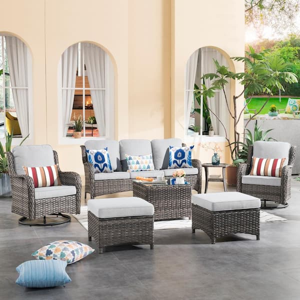 XIZZI Maroon Lake Gray 7-Piece Wicker Patio Conversation Seating Sofa Set with Gray Cushions and Swivel Rocking Chairs
