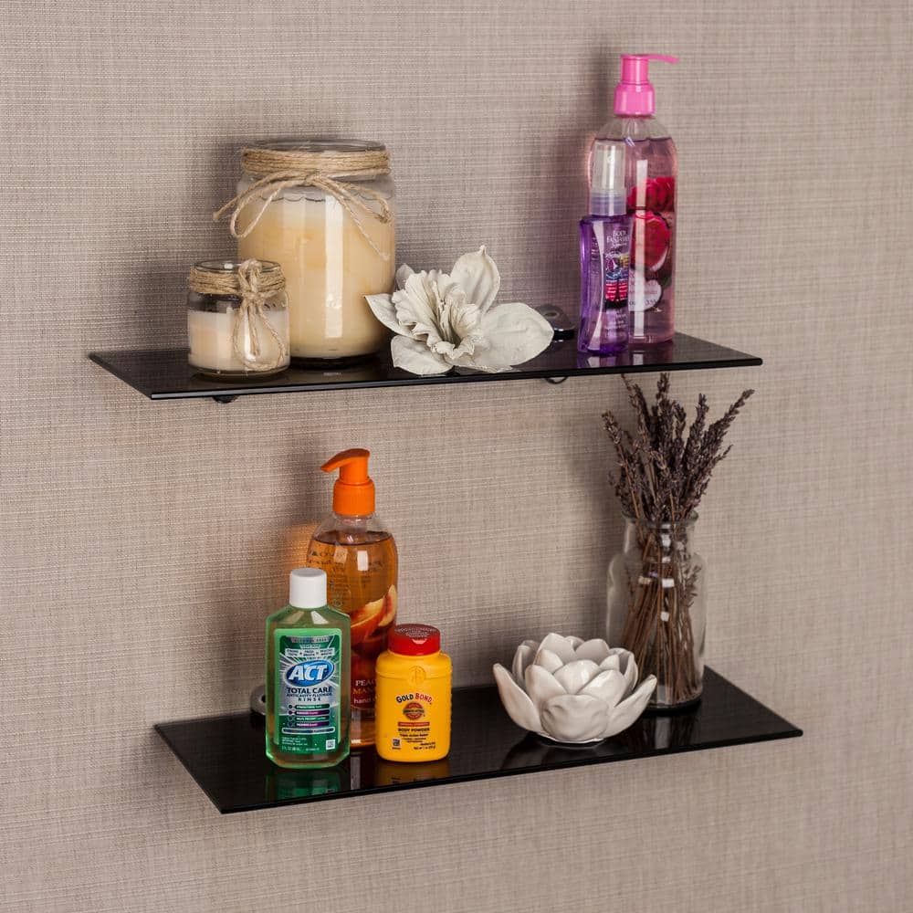 Modern Black Glass 20" Floating Wall Shelf Set with Chrome Brackets