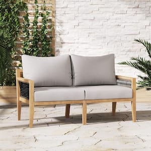 Freya Natural Brown Wood Outdoor Upholstered Loveseat Sofa for Patio Bohemian Solid Wood Frame with Gray Cushions