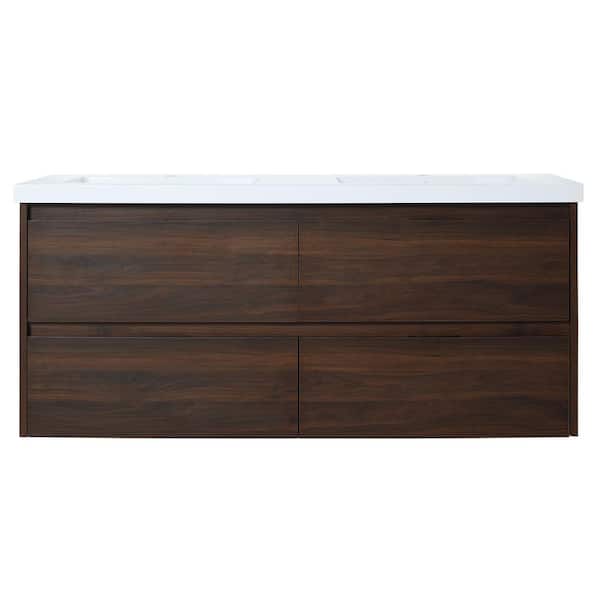 Boosicavelly 47.60 in. W x 18.30 in. D x 21.30 in. H Double Sink Wall Mounted Bath Vanity in California Walnut with White Resin Top