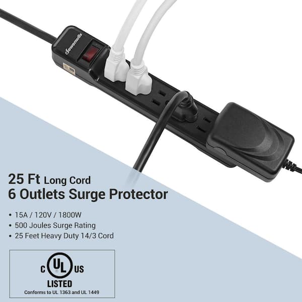 25 ft. 6-Outlet Surge Protector Power Strip, 500 Joules, Black