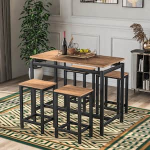 5-Piece Kitchen Counter Height Table Dining Set, Wood Top and Metal Frame Bar Table with 4 Chairs, Brown