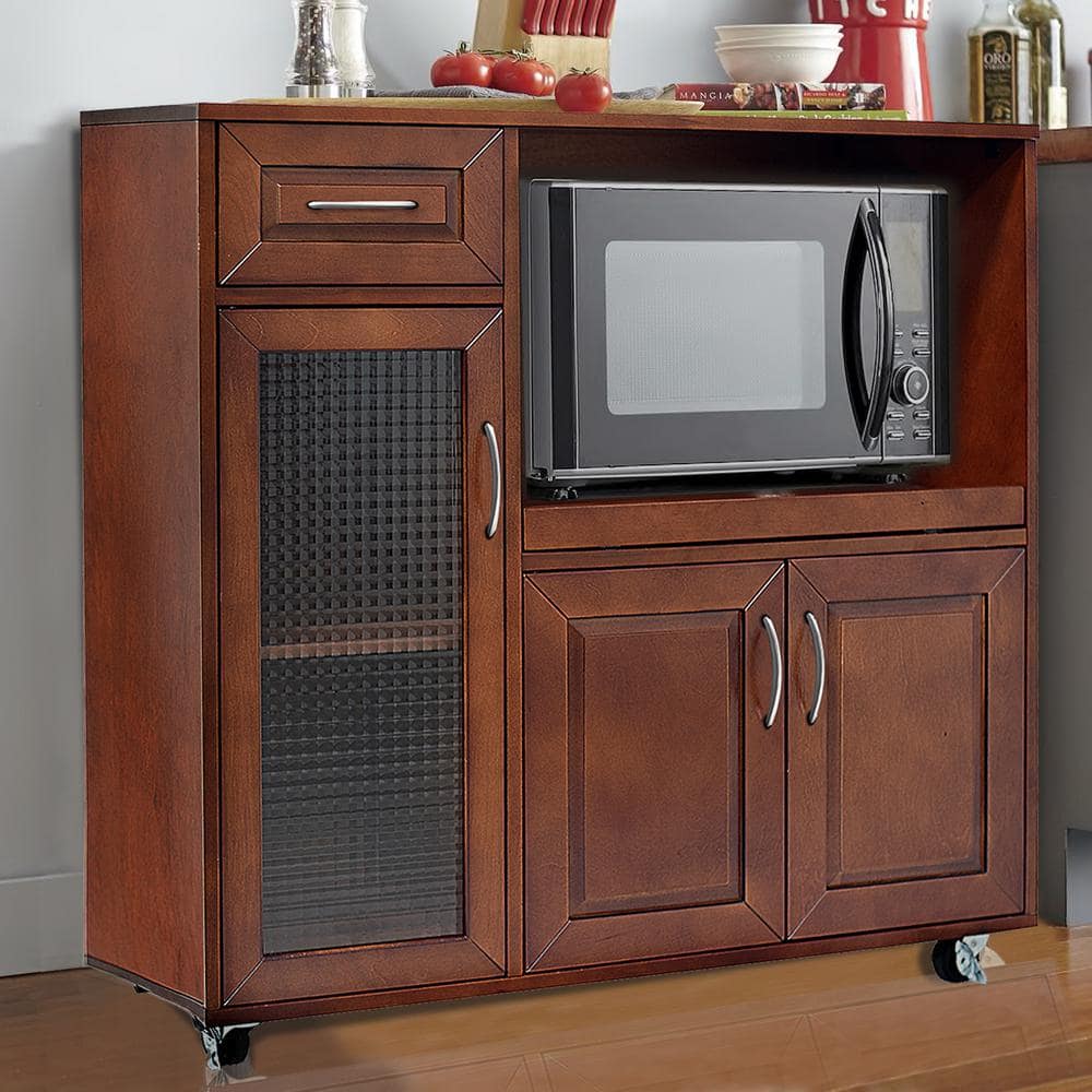 Walnut Rolling Kitchen Cart With Built In 2 Plug Outlet And Drawer   Walnut Kitchen Carts Jhca0002 64 1000 